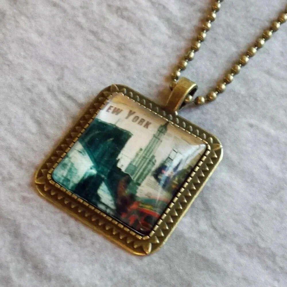 New York City Big Apple Square Antiqued Brass Glass 27" Long Necklace